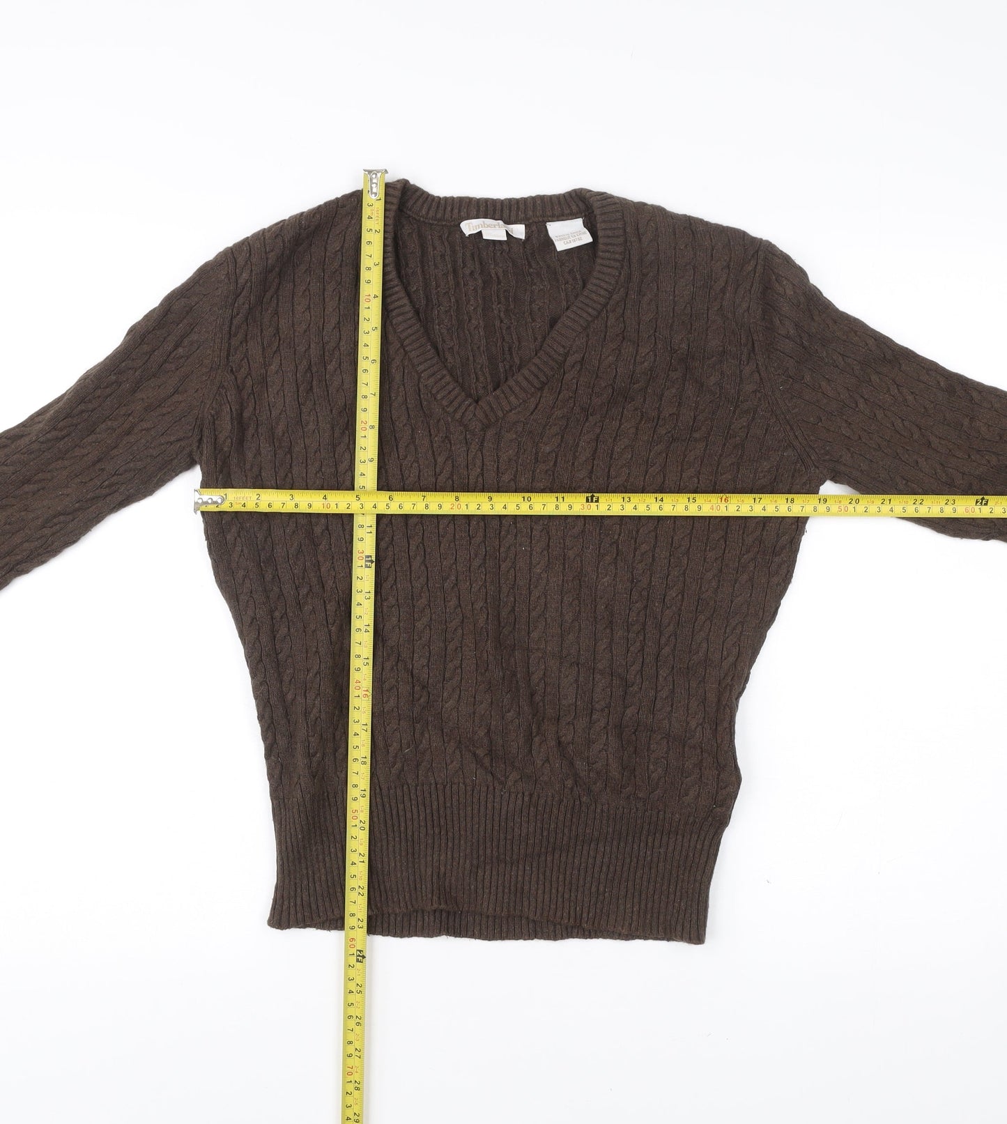 Timberland Men’s Brown Cable Knit V-Neck Pullover Jumper Medium