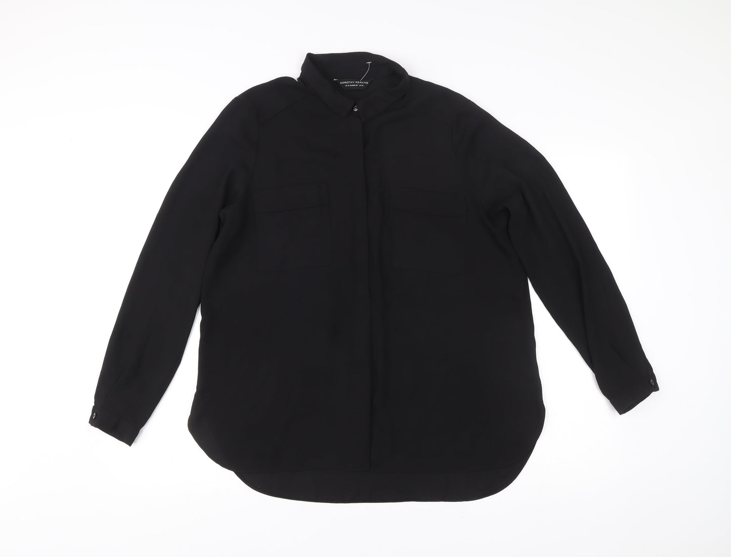 Dorothy Perkins Women Black Size 14 Long Sleeve Collared Blouse