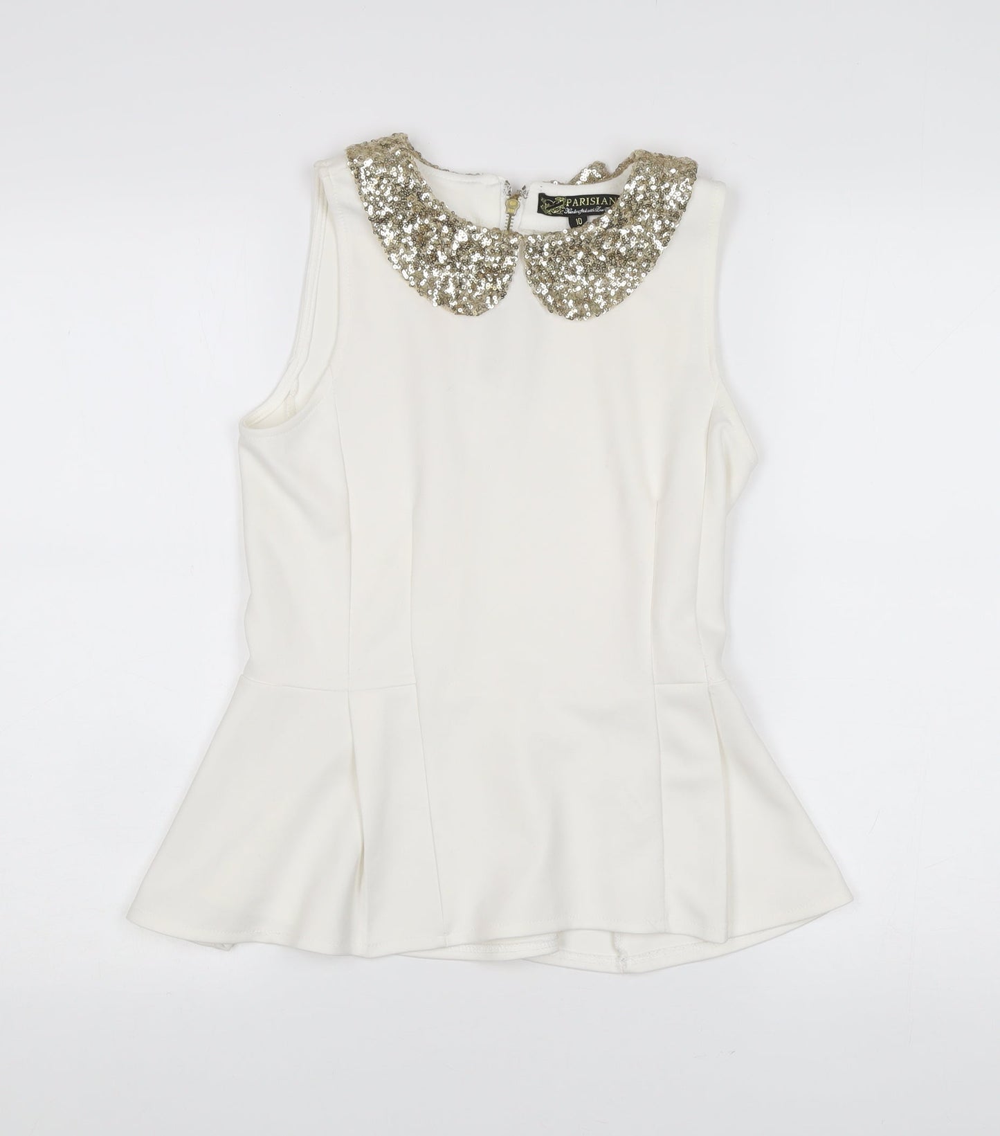 Parisian Womens Ivory Sequin Collar Sleeveless Blouse Size 10