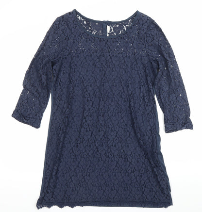 H&M Women’s Blue Lace Shift Dress Size 12 Scoop Neck 3/4 Sleeve