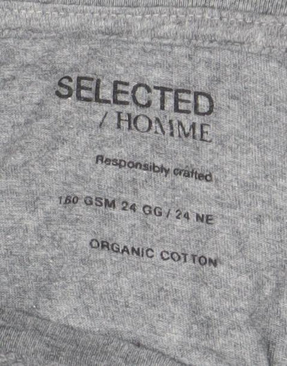 SELECTED HOMME Men's Grey Crew Neck Cotton T-Shirt Size M