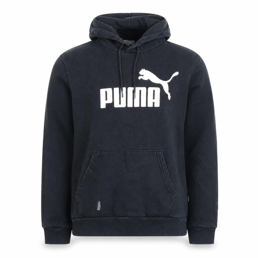 Front view of Puma boys’ black pullover hoodie m regular fit logo sportswear