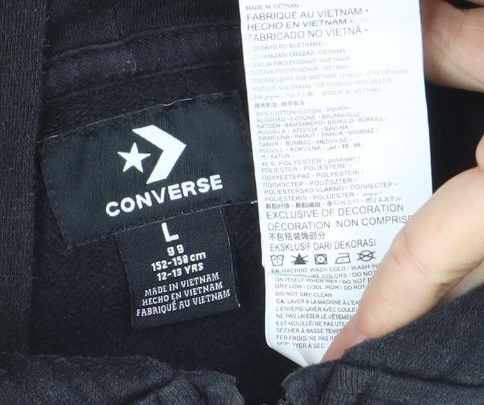 Converse Boys Black Full Zip Hoodie 12-13 Years Logo Fleece Lined