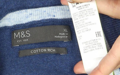 Marks and Spencer Men's Blue XL Crew Neck Cotton Blend T-Shirt