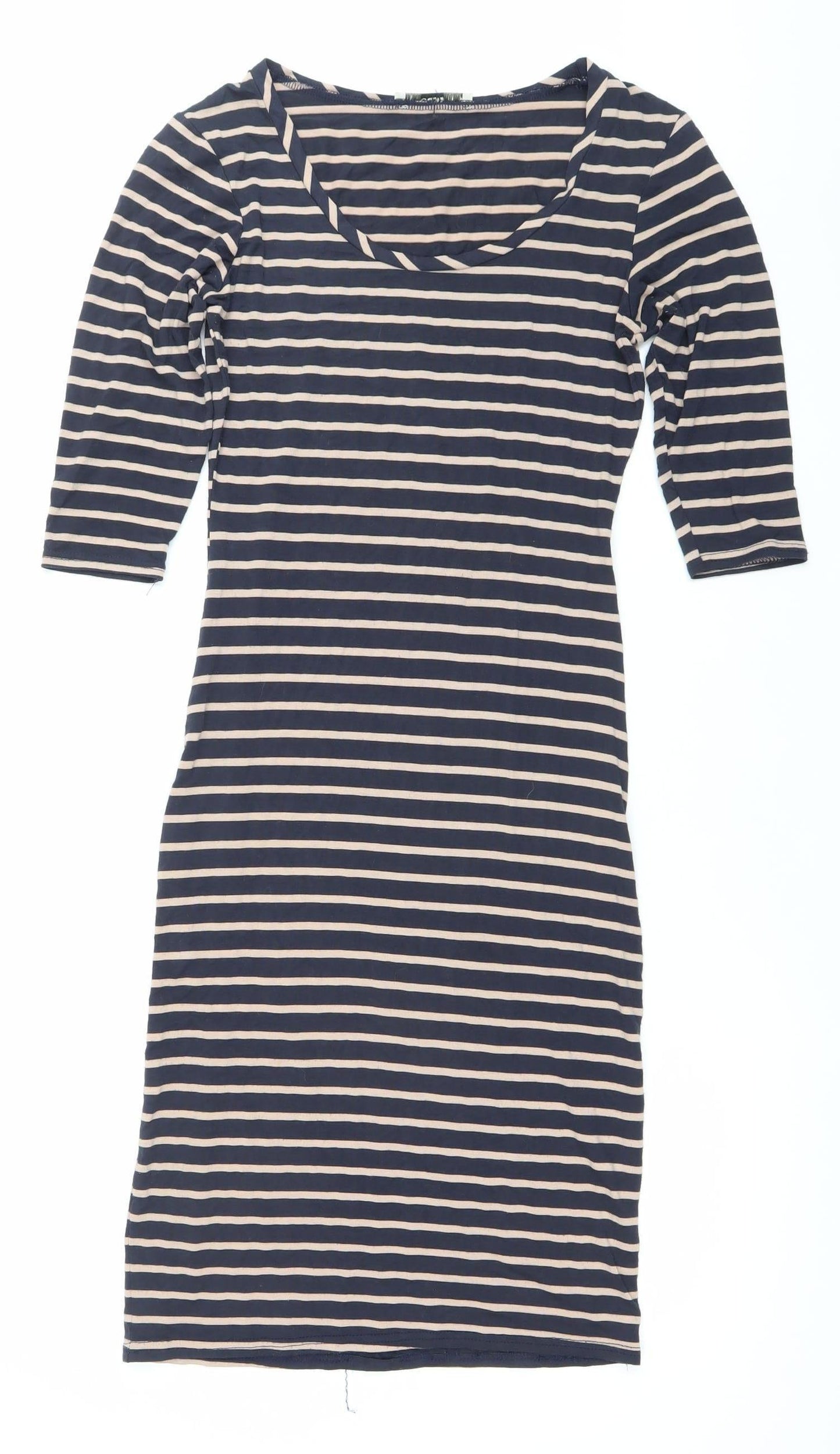 Oasis Women’s Blue Beige Striped Bodycon Dress XS Scoop Neck 3/4 Sleeve