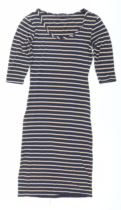 Oasis Women’s Blue Beige Striped Bodycon Dress XS Scoop Neck 3/4 Sleeve
