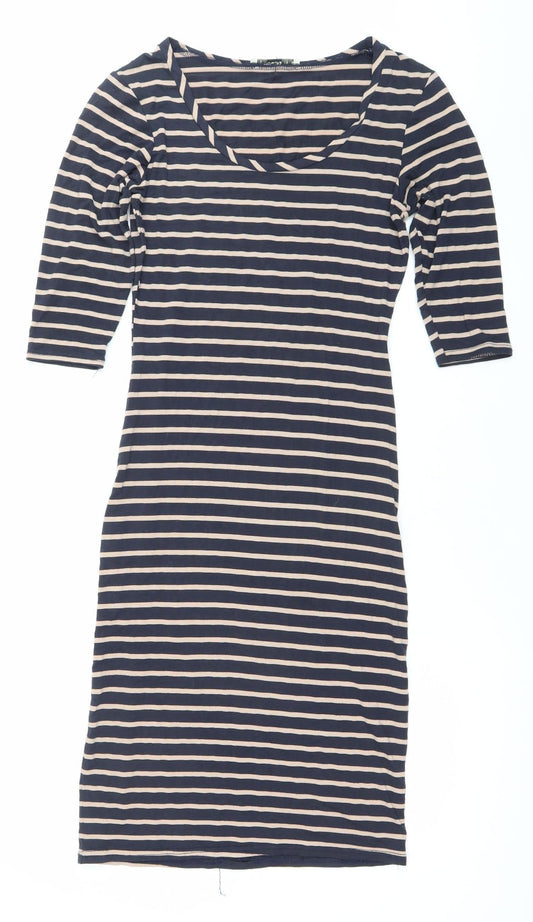 Oasis Women’s Blue Beige Striped Bodycon Dress XS Scoop Neck 3/4 Sleeve
