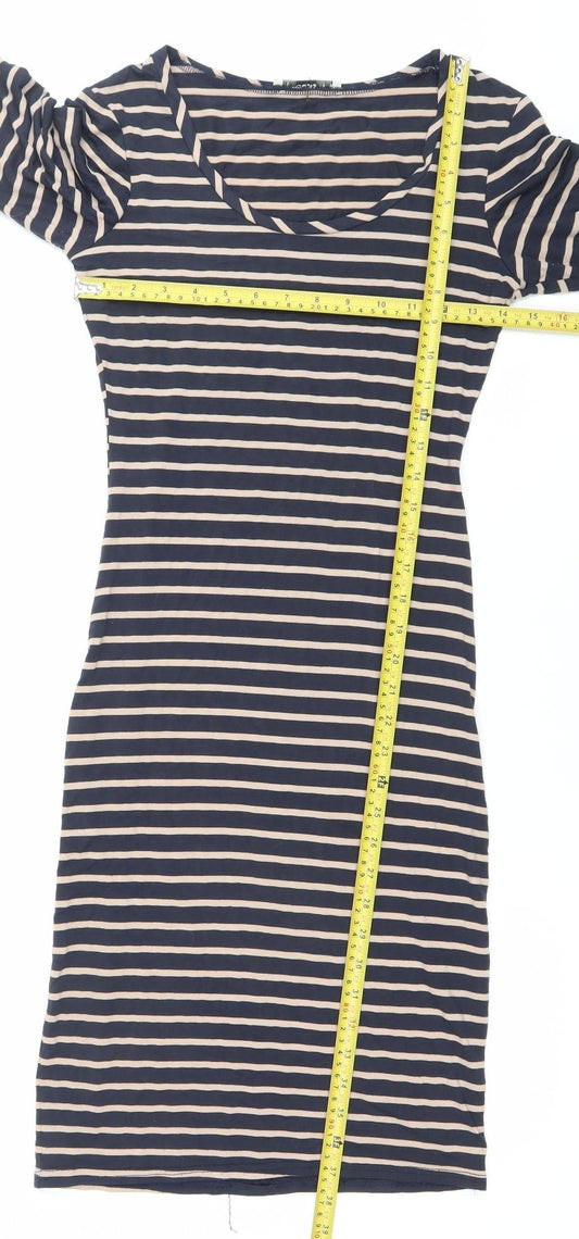 Oasis Women’s Blue Beige Striped Bodycon Dress XS Scoop Neck 3/4 Sleeve