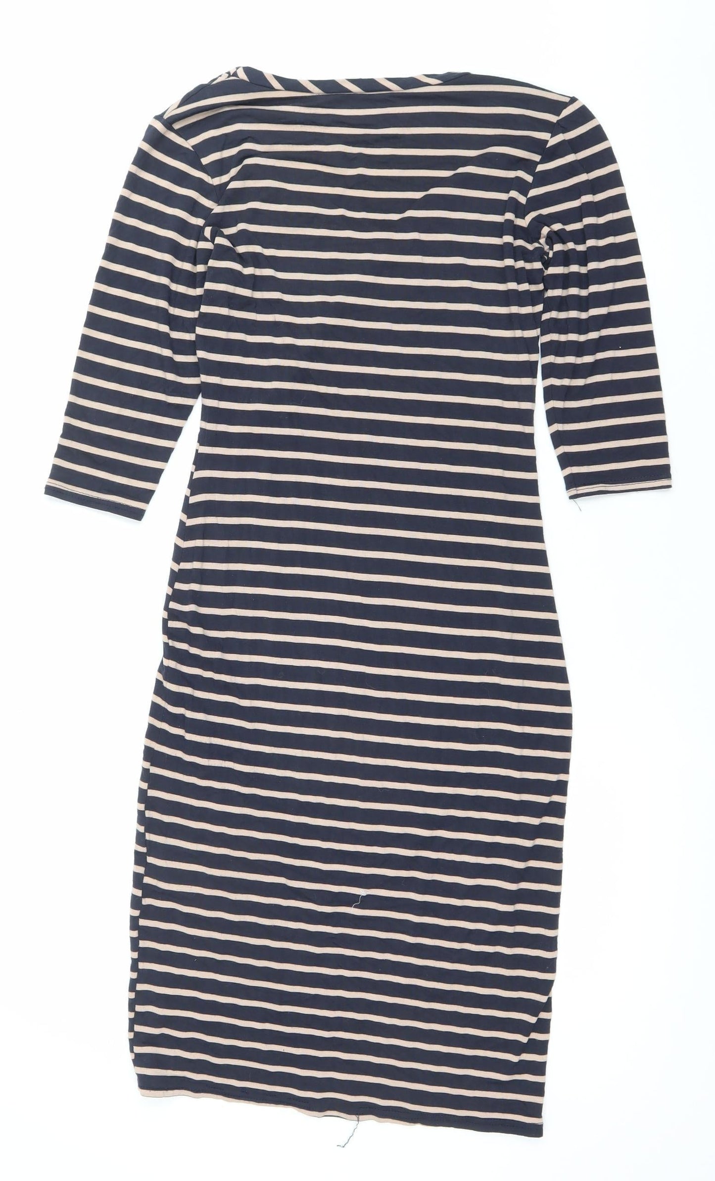 Oasis Women’s Blue Beige Striped Bodycon Dress XS Scoop Neck 3/4 Sleeve