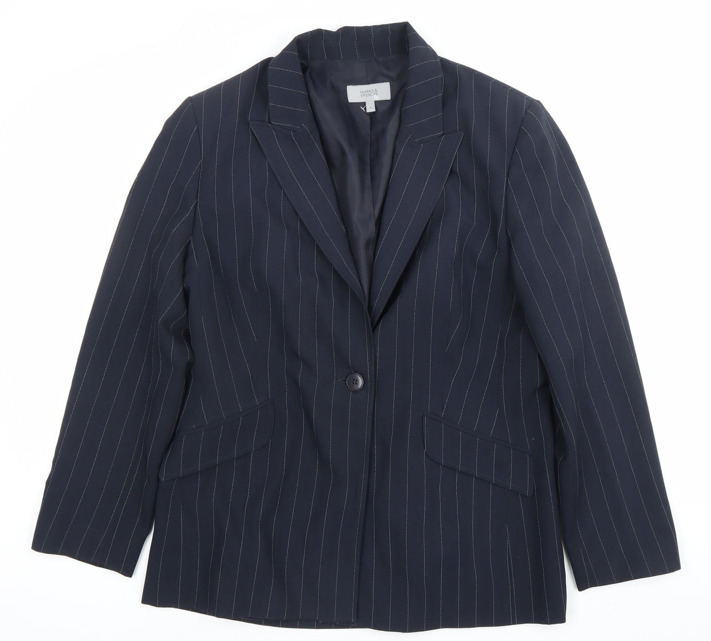 Marks and Spencer Women Blue Pinstripe Blazer Size 16 Classic Fit