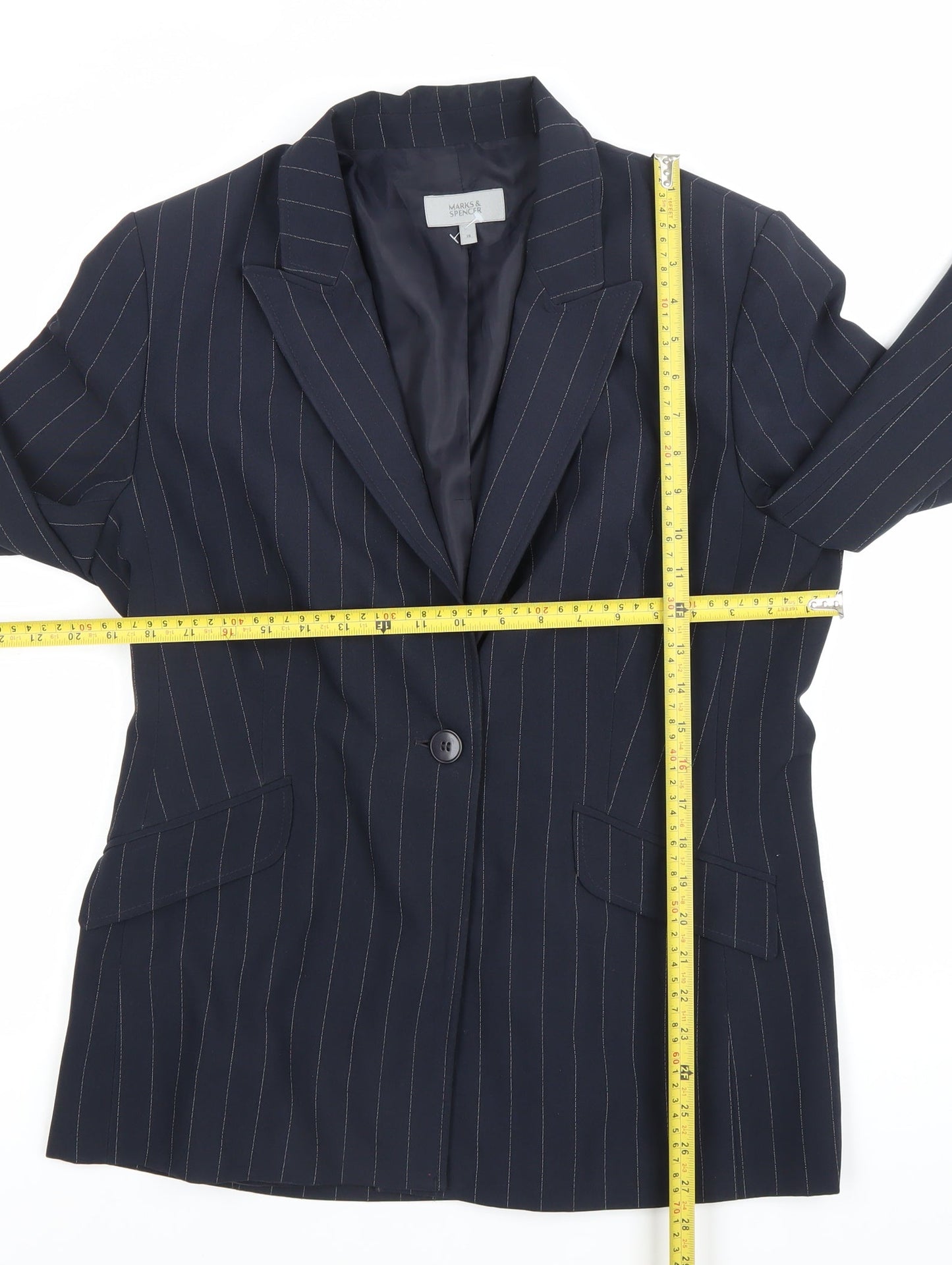 Marks and Spencer Women Blue Pinstripe Blazer Size 16 Classic Fit