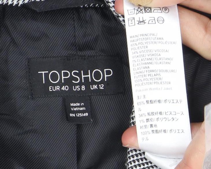 Topshop Women’s Grey Check Blazer Size 12 Single Breasted Jacket