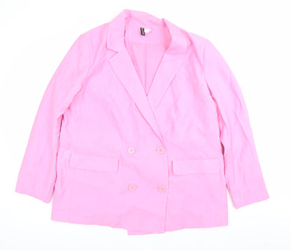H&M Women Pink Double-Breasted Blazer Jacket L Notch Lapel Workwear