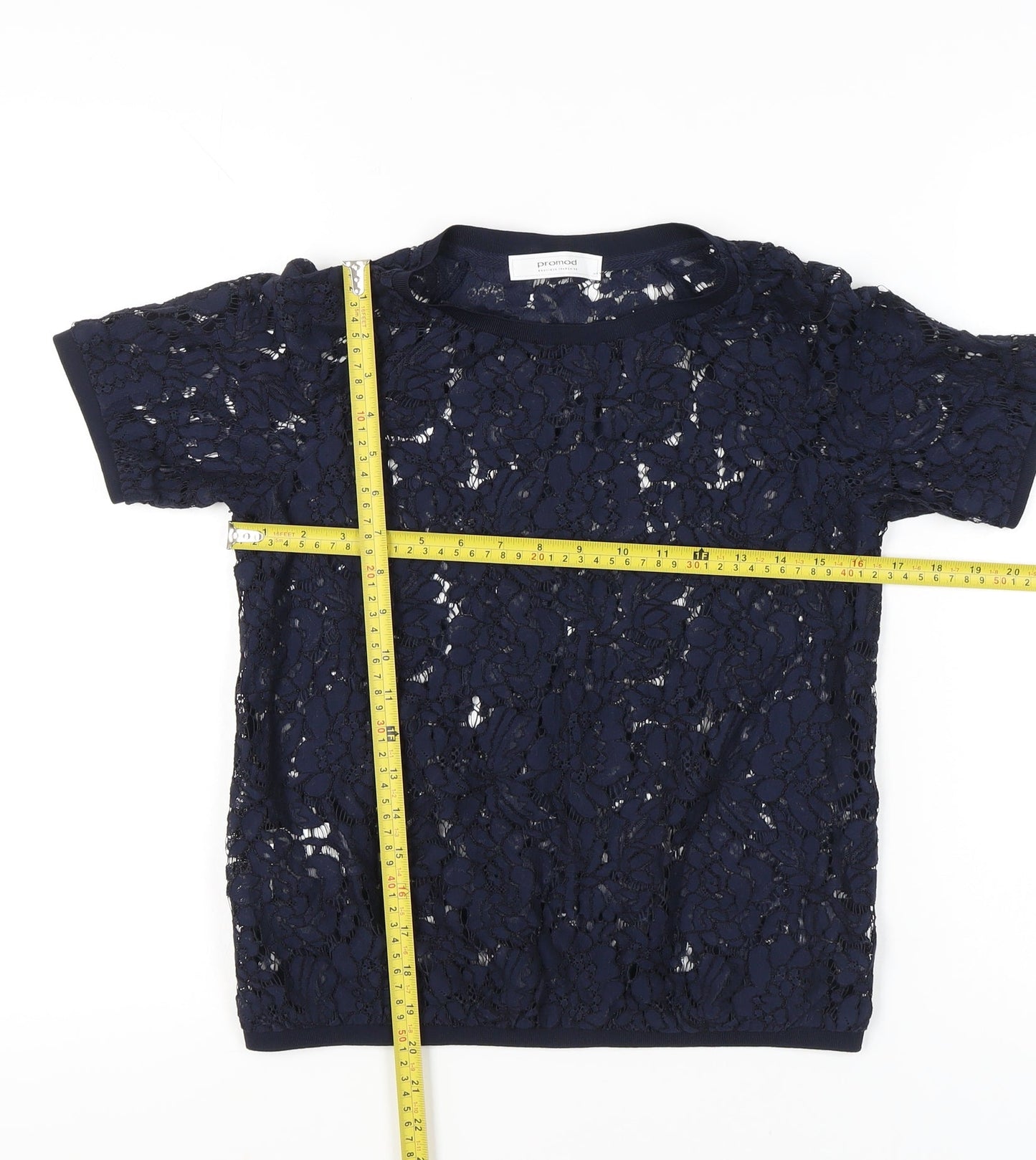 Promod Women’s Blue Lace Floral Sheer Short Sleeve Top Size 6