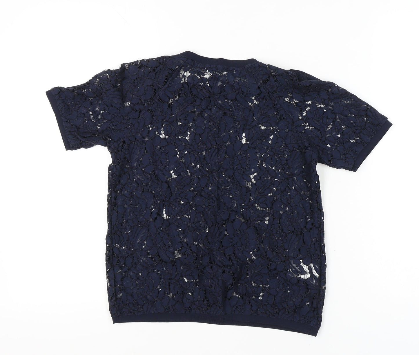 Promod Women’s Blue Lace Floral Sheer Short Sleeve Top Size 6