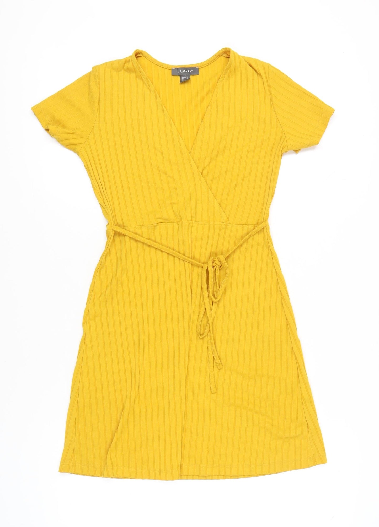 Primark Women’s Yellow Wrap Dress Size 10 Short Sleeve V-Neck