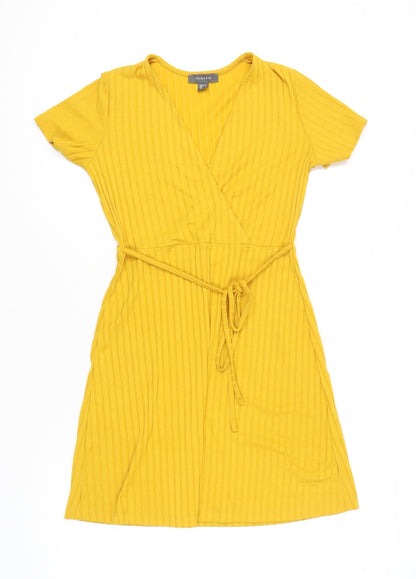 Primark Women’s Yellow Wrap Dress Size 10 Short Sleeve V-Neck