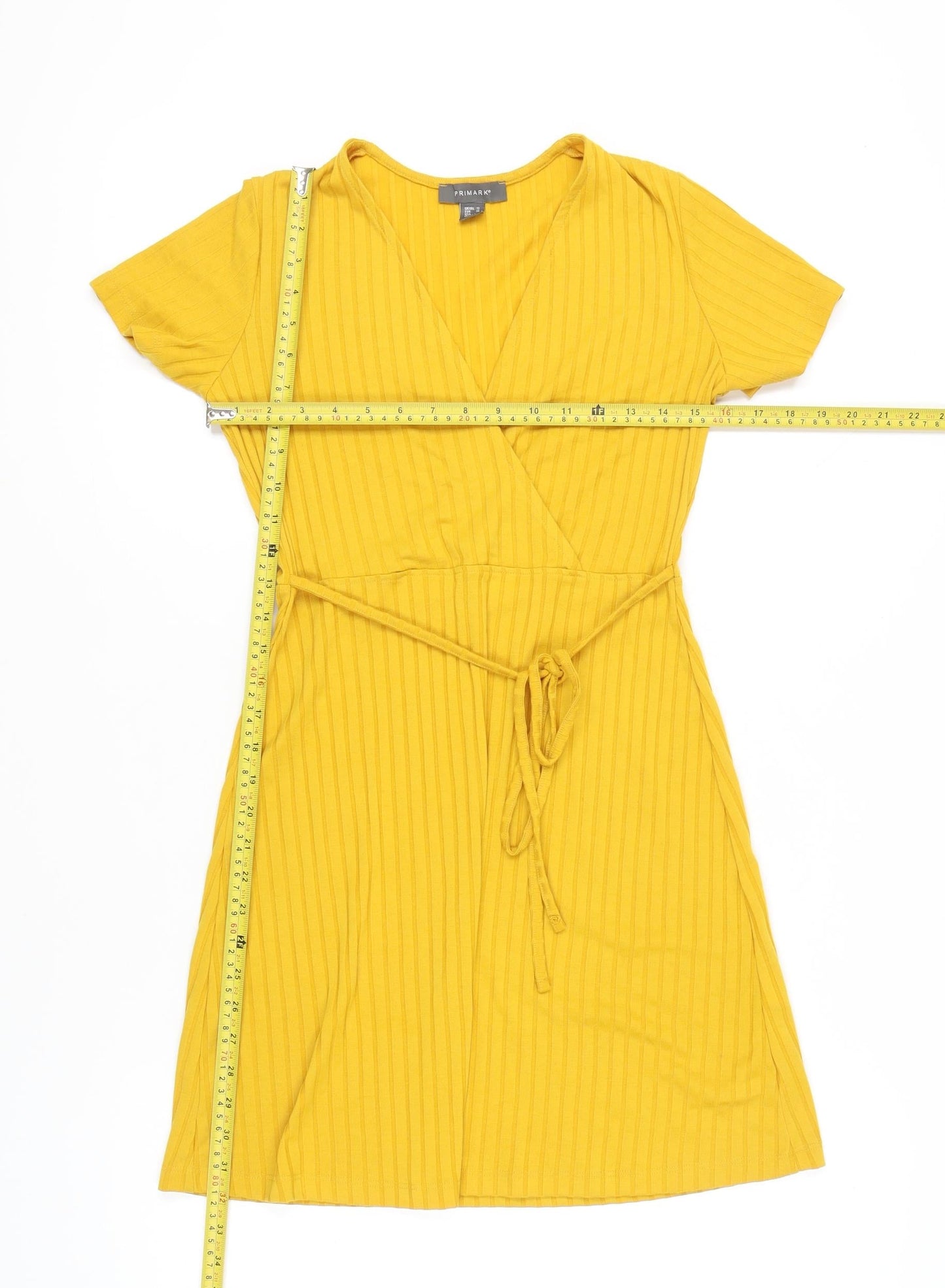Primark Women’s Yellow Wrap Dress Size 10 Short Sleeve V-Neck