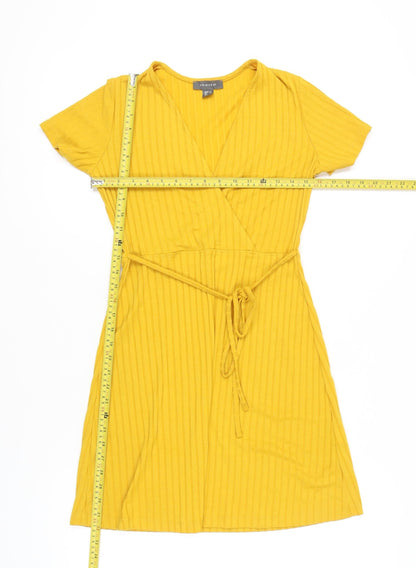 Primark Women’s Yellow Wrap Dress Size 10 Short Sleeve V-Neck