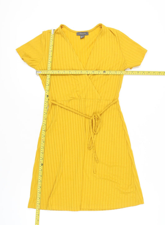 Primark Women’s Yellow Wrap Dress Size 10 Short Sleeve V-Neck