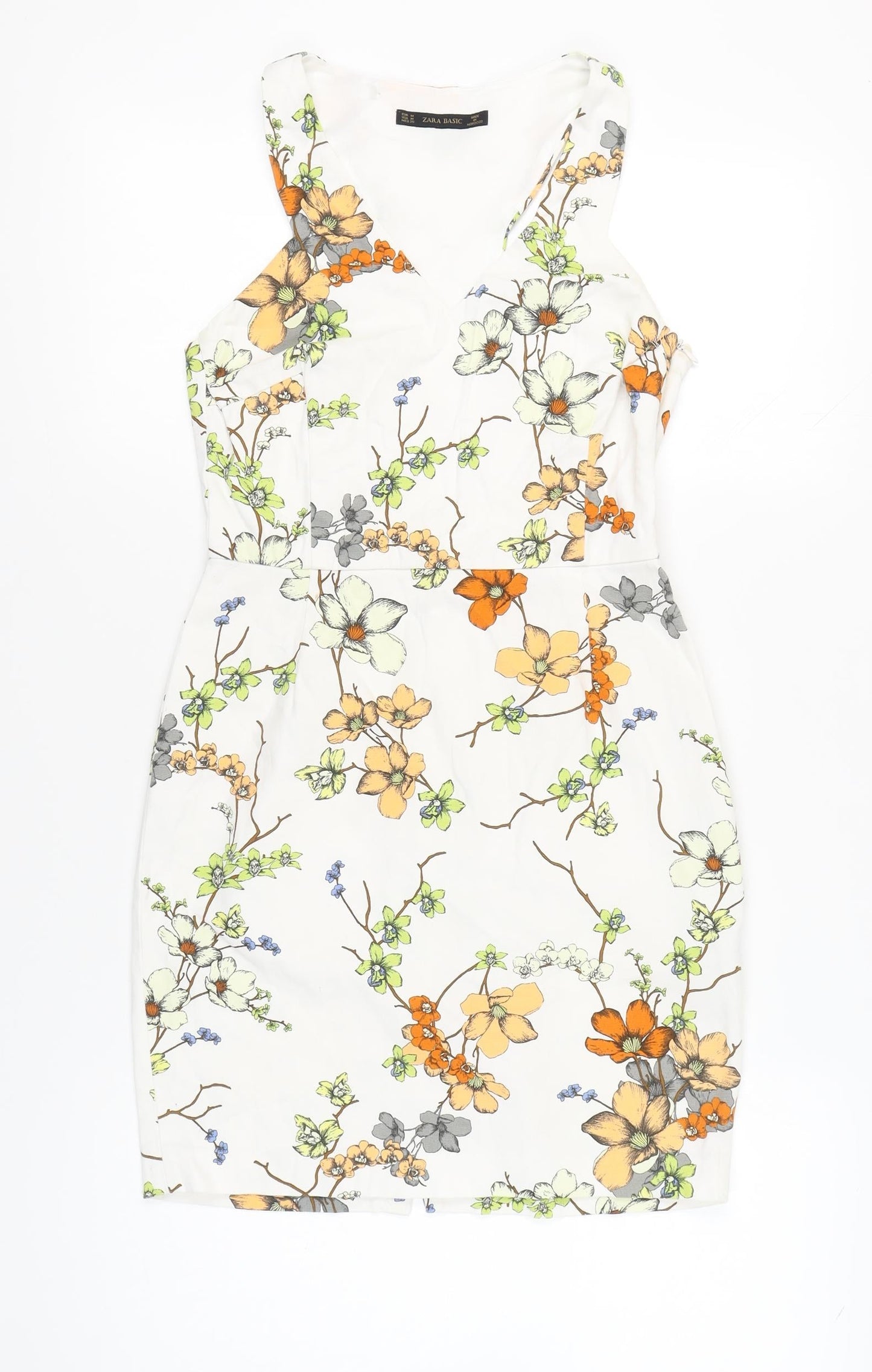 Zara Basic Women’s White Floral Sheath Dress Size 12 Sleeveless V-Neck