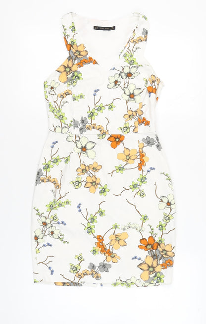 Zara Basic Women’s White Floral Sheath Dress Size 12 Sleeveless V-Neck