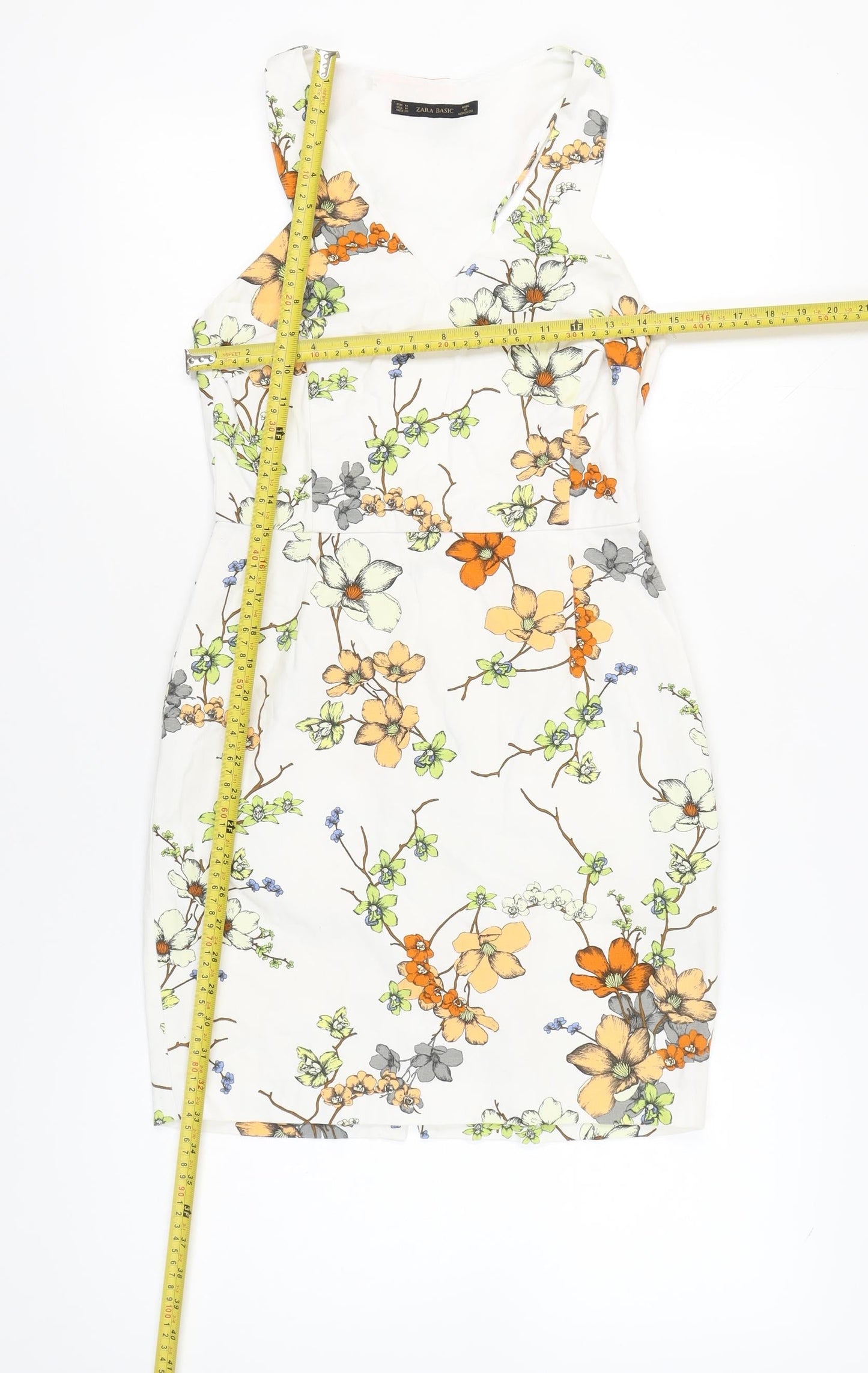 Zara Basic Women’s White Floral Sheath Dress Size 12 Sleeveless V-Neck
