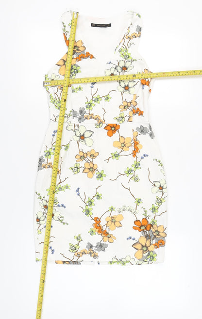 Zara Basic Women’s White Floral Sheath Dress Size 12 Sleeveless V-Neck