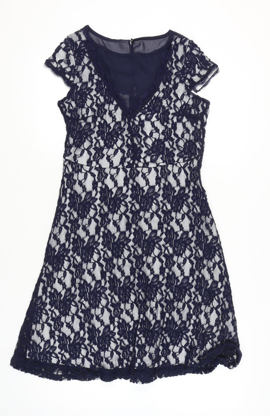 Klass Women’s Navy Blue Lace Sheath Dress Size 12 Knee Length V-Neck