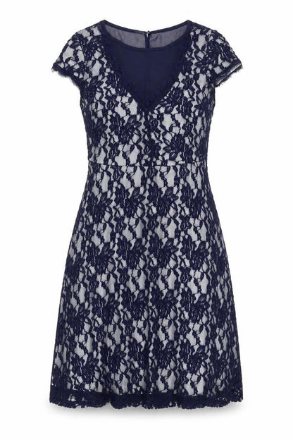Klass Women’s Navy Blue Lace Sheath Dress Size 12 Knee Length V-Neck