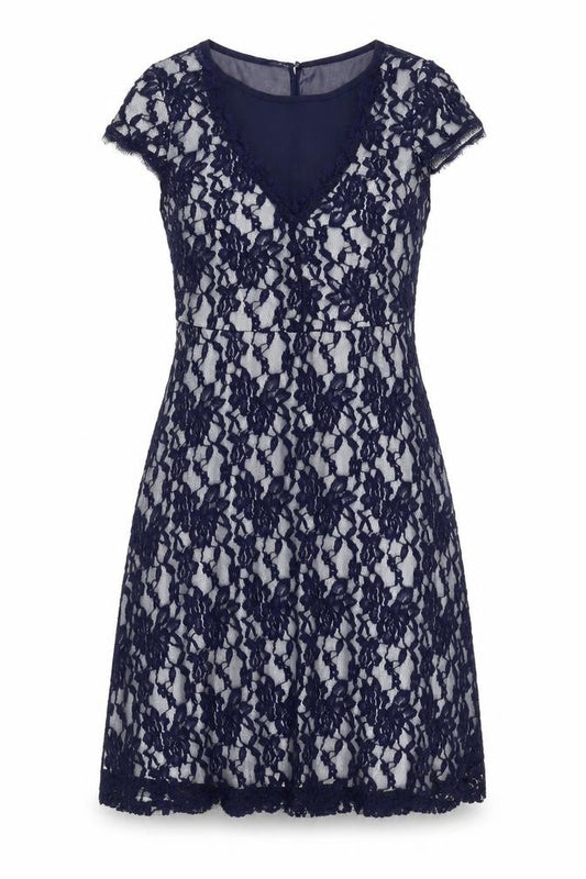 Klass Women’s Navy Blue Lace Sheath Dress Size 12 Knee Length V-Neck