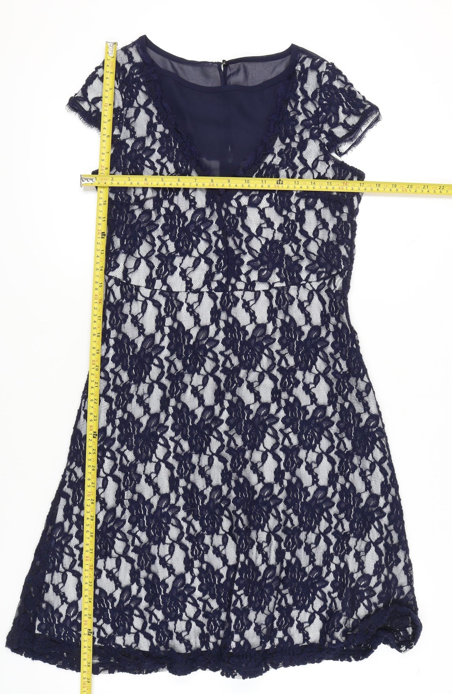 Klass Women’s Navy Blue Lace Sheath Dress Size 12 Knee Length V-Neck