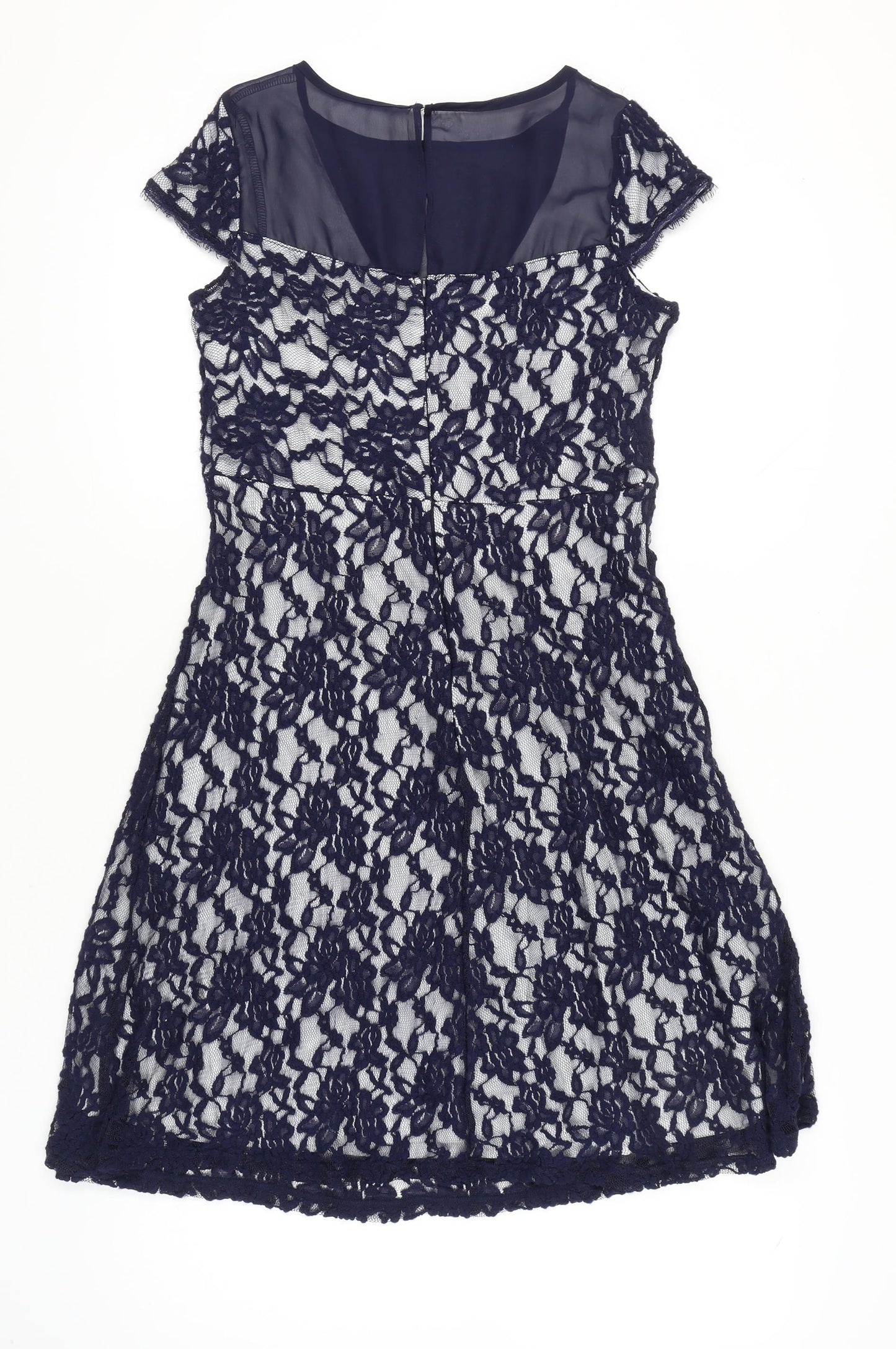 Klass Women’s Navy Blue Lace Sheath Dress Size 12 Knee Length V-Neck