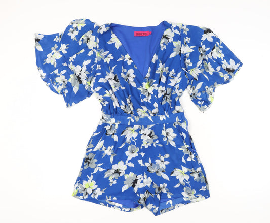 Boohoo Women’s Blue Floral Playsuit Size 8 V-Neck Short Sleeve