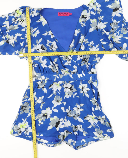 Boohoo Women’s Blue Floral Playsuit Size 8 V-Neck Short Sleeve