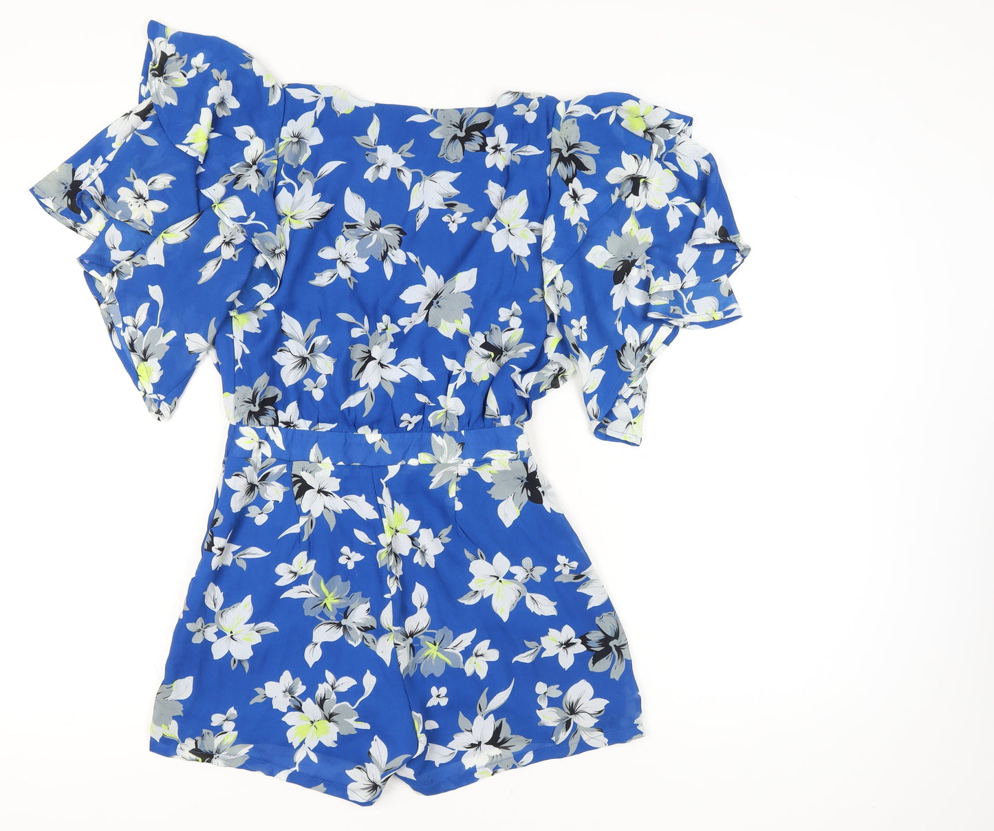 Boohoo Women’s Blue Floral Playsuit Size 8 V-Neck Short Sleeve