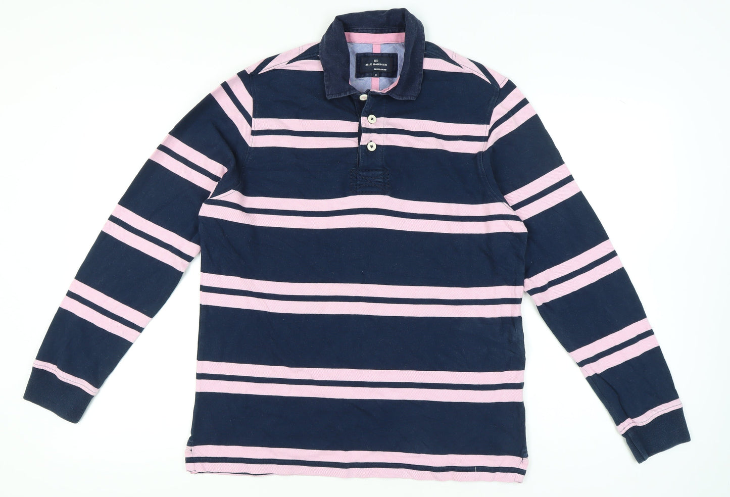 Marks and Spencer Blue Harbour Men's Blue Pink Striped Long Sleeve Polo Shirt M