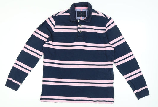 Marks and Spencer Blue Harbour Men's Blue Pink Striped Long Sleeve Polo Shirt M