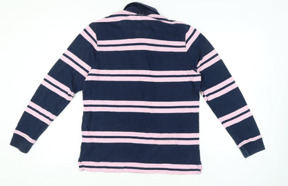 Marks and Spencer Blue Harbour Men's Blue Pink Striped Long Sleeve Polo Shirt M