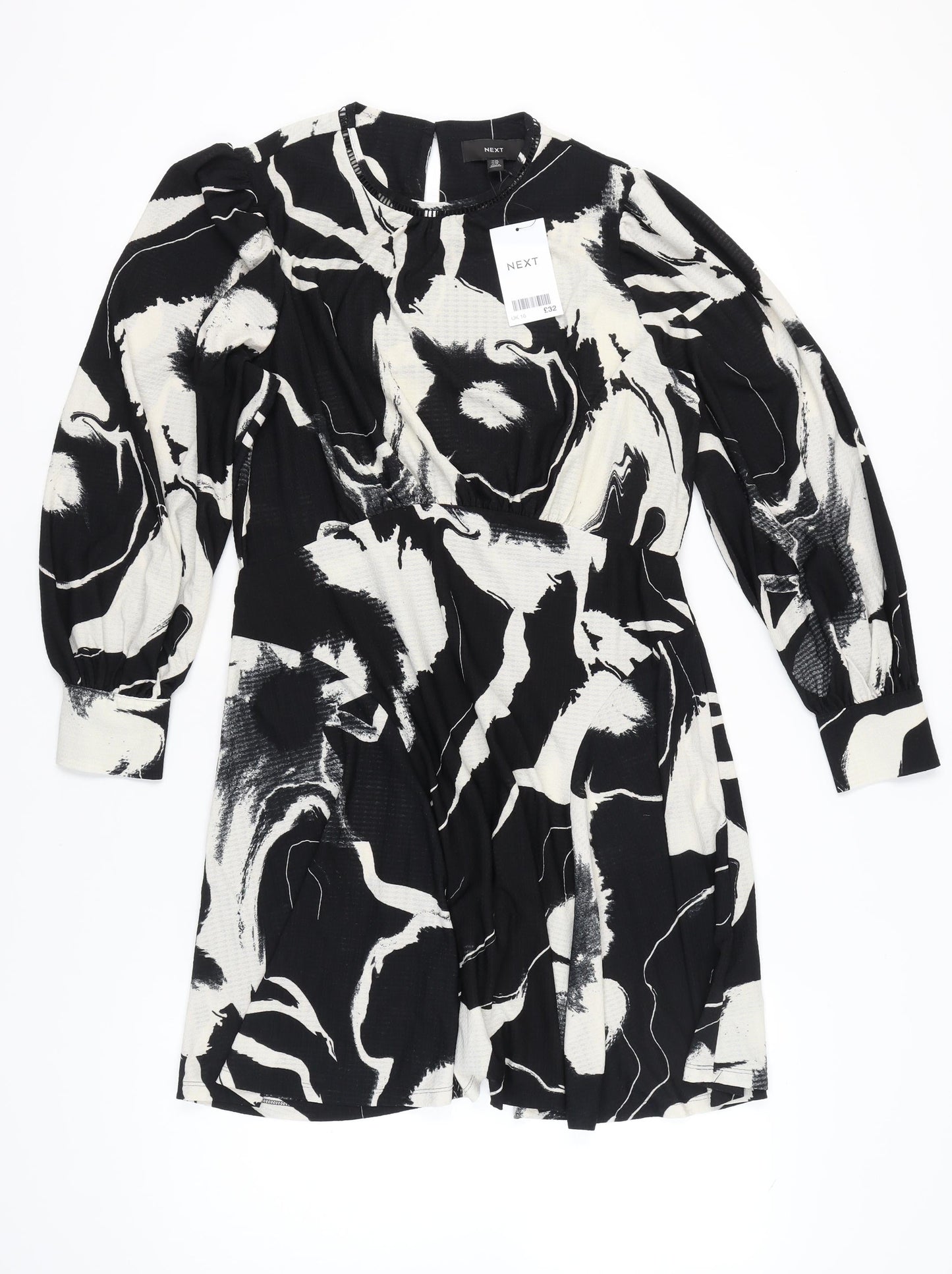 Next Women’s Black White Floral A-Line Dress Size 16 Long Sleeve