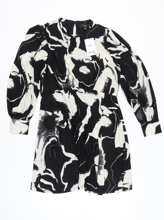 Next Women’s Black White Floral A-Line Dress Size 16 Long Sleeve