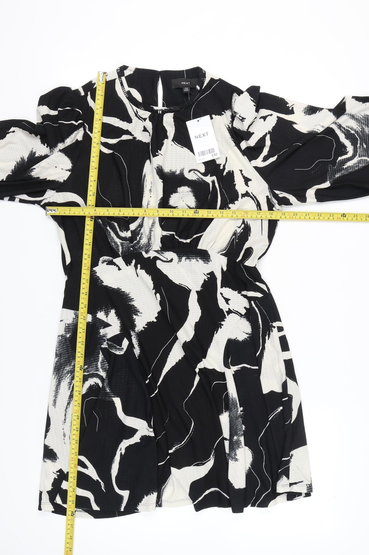 Next Women’s Black White Floral A-Line Dress Size 16 Long Sleeve