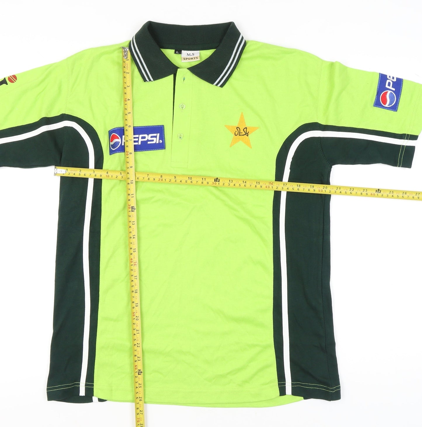 M.S Sports Men’s Green Cricket Polo Shirt L Embroidered Pepsi Logo