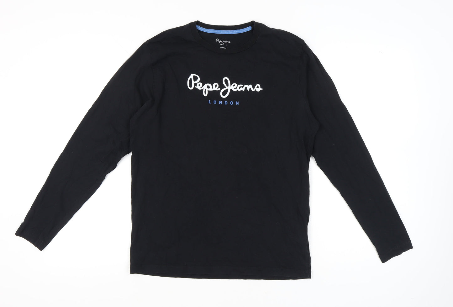 Pepe Jeans Men Black L Regular Fit Long Sleeve Logo T-Shirt Cotton
