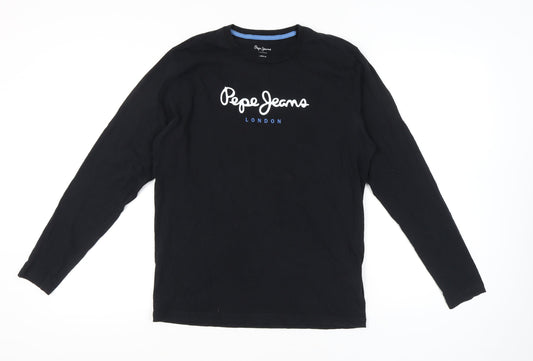 Pepe Jeans Men Black L Regular Fit Long Sleeve Logo T-Shirt Cotton