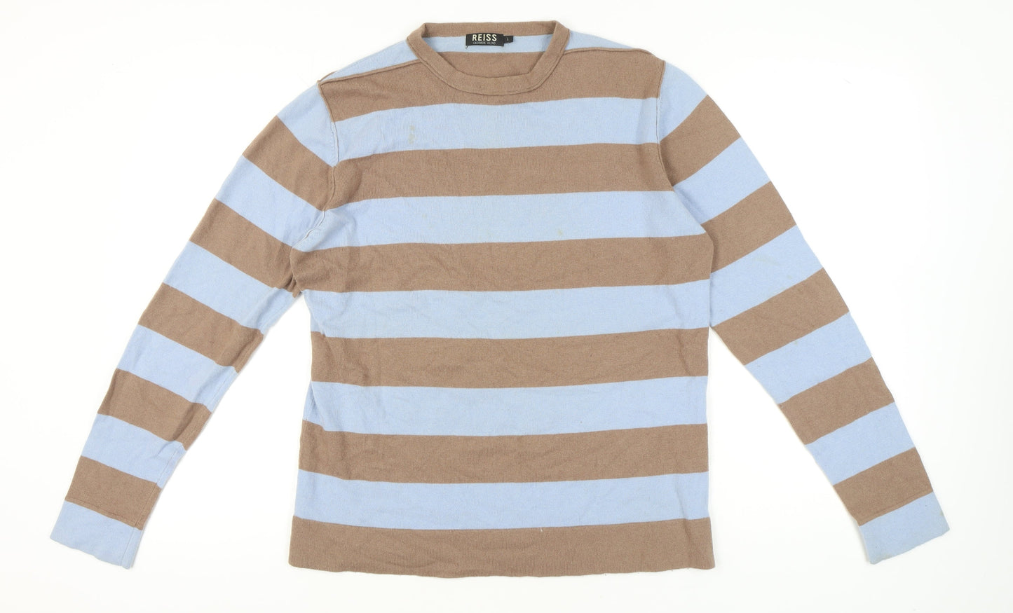 Reiss Men’s Brown Blue Striped Cashmere Blend Jumper L Crew Neck