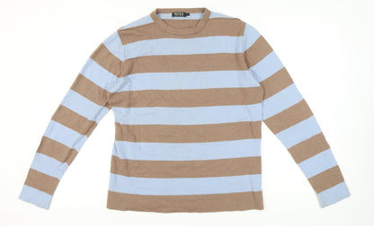 Reiss Men’s Brown Blue Striped Cashmere Blend Jumper L Crew Neck