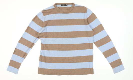 Reiss Men’s Brown Blue Striped Cashmere Blend Jumper L Crew Neck