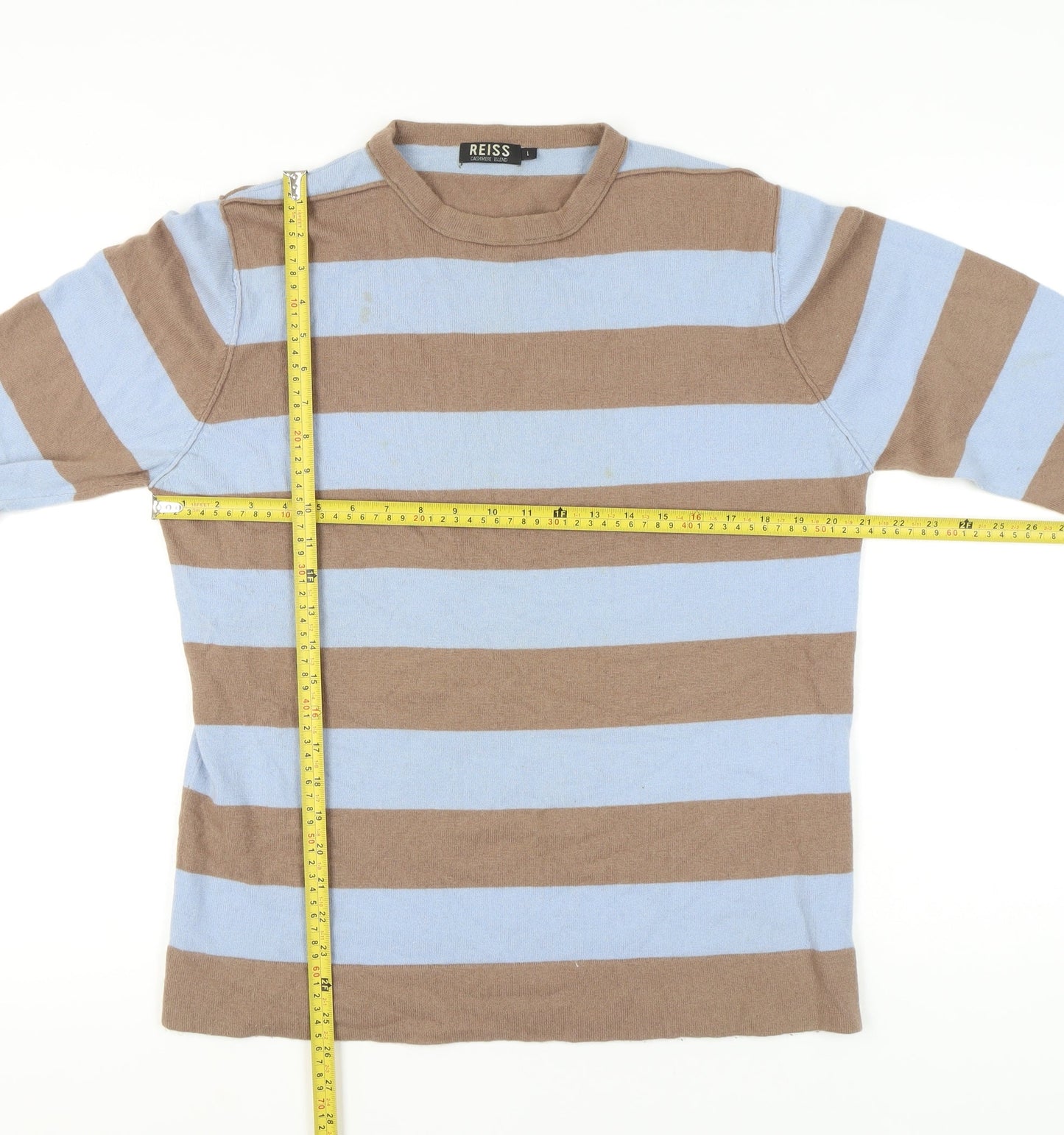 Reiss Men’s Brown Blue Striped Cashmere Blend Jumper L Crew Neck