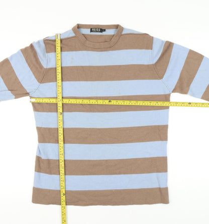 Reiss Men’s Brown Blue Striped Cashmere Blend Jumper L Crew Neck